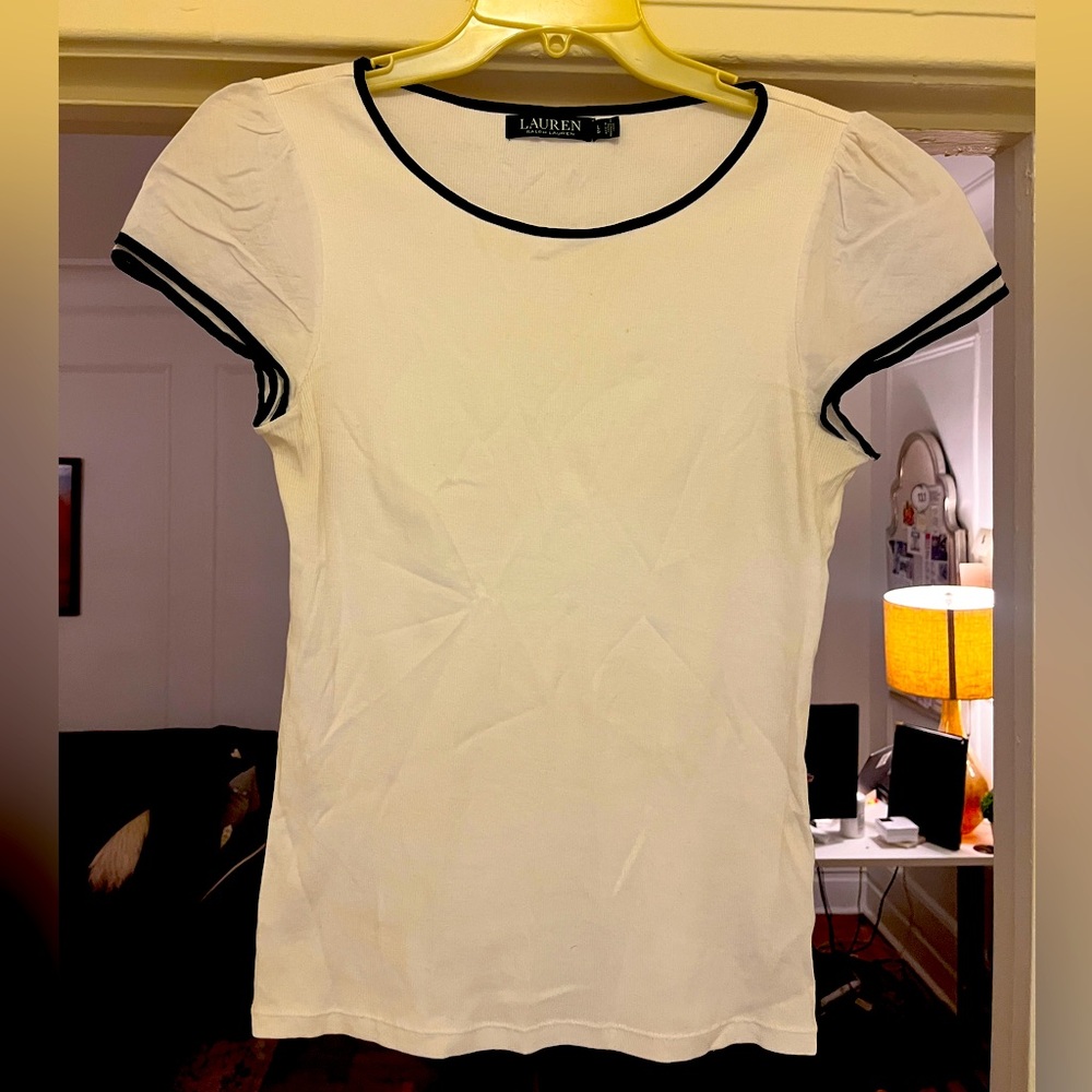 Ralph Lauren white blouse with sheer sleeves and navy detailing - Size Lg